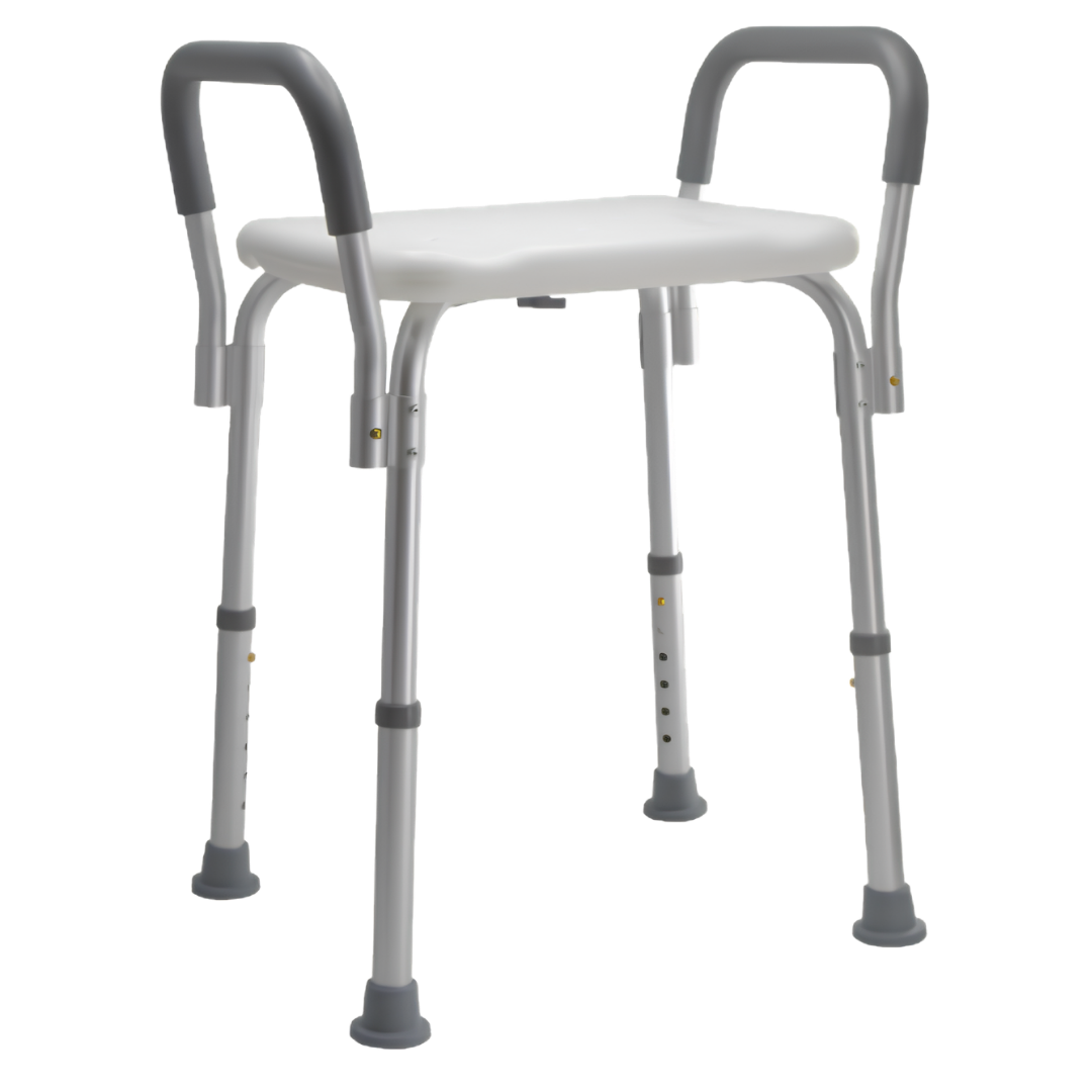 Compact Aspire Homecare Shower Stool, lightweight 100kg safe working load, 34cm seat depth, 41cm seat width, 44–57cm adjustable seat height.