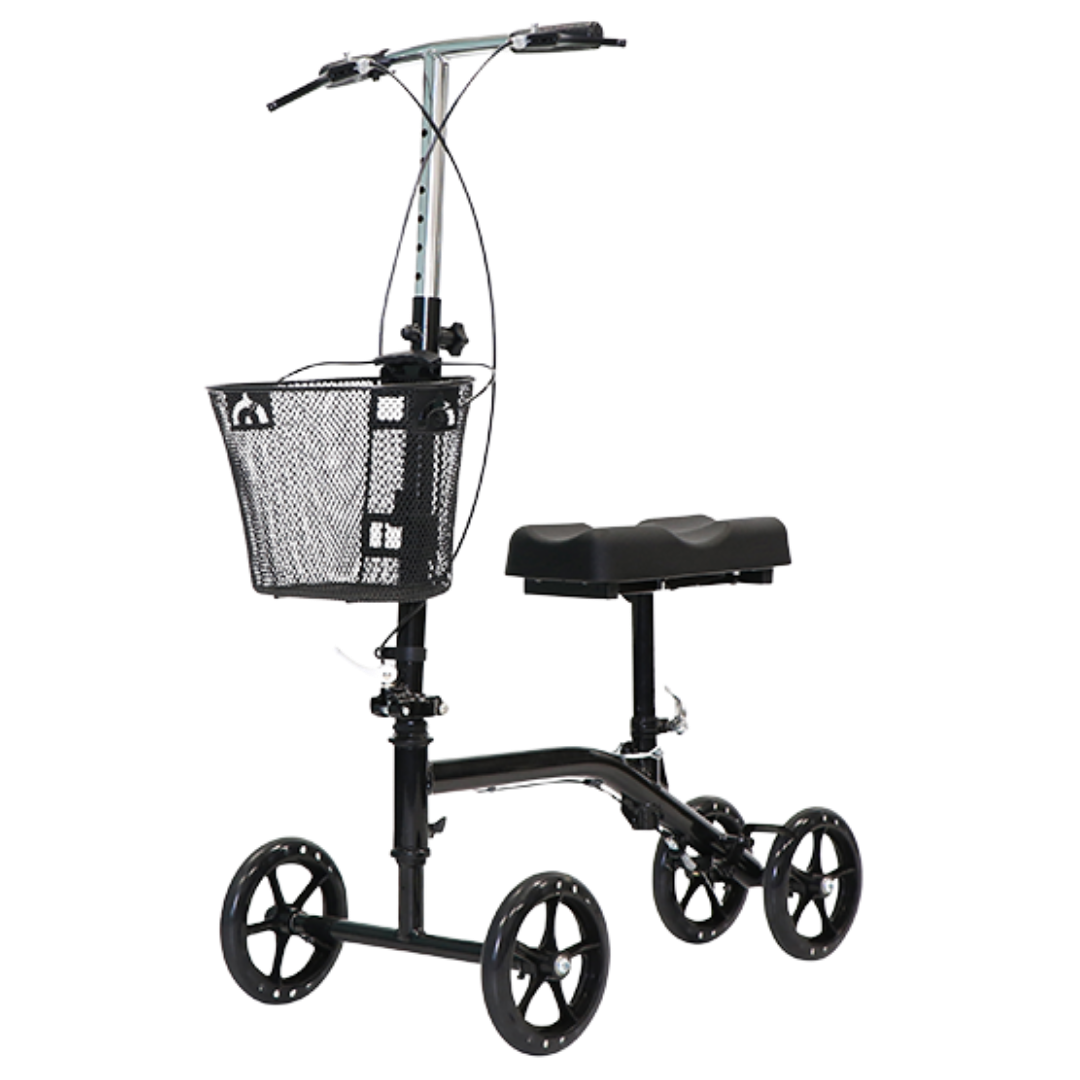 Aspire Knee Walker in sleek black finish, designed for mobility support, offering comfort, stability, and independence during lower leg recovery.