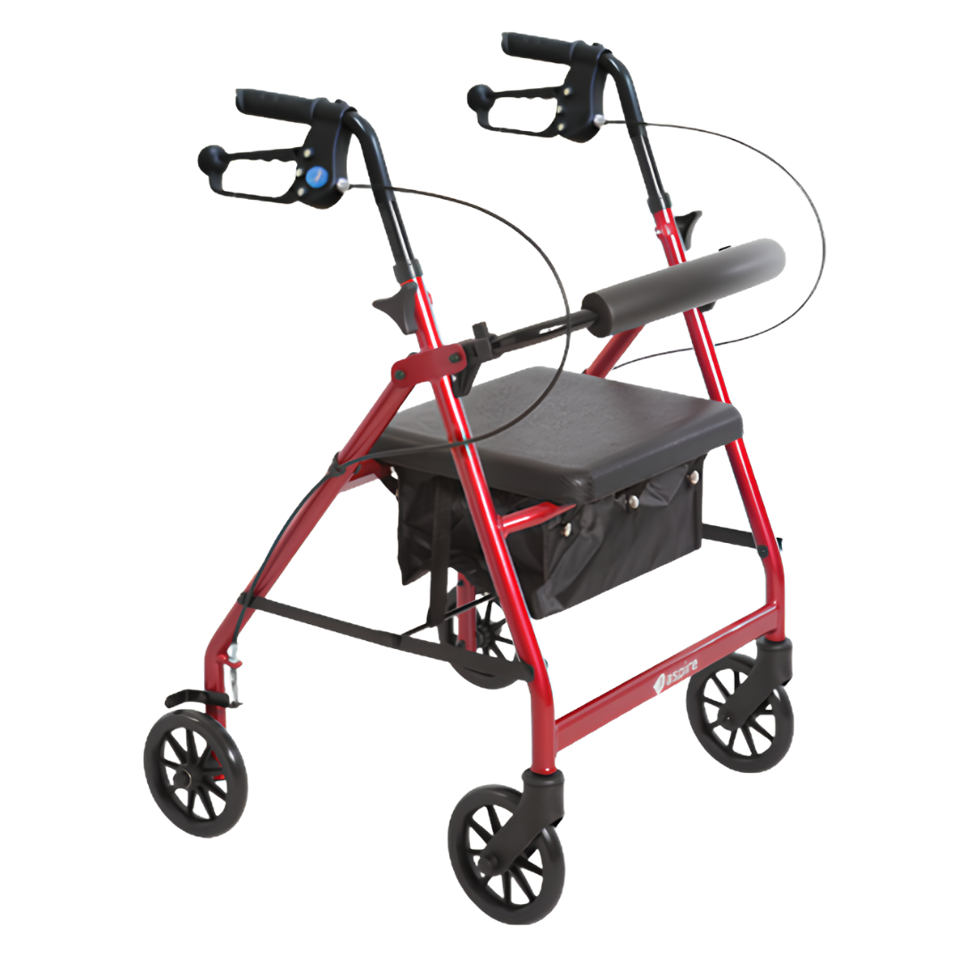 Aspire Mini Seat Walker with 6-inch wheels, compact lightweight frame, padded seat and handles for safe, portable mobility support