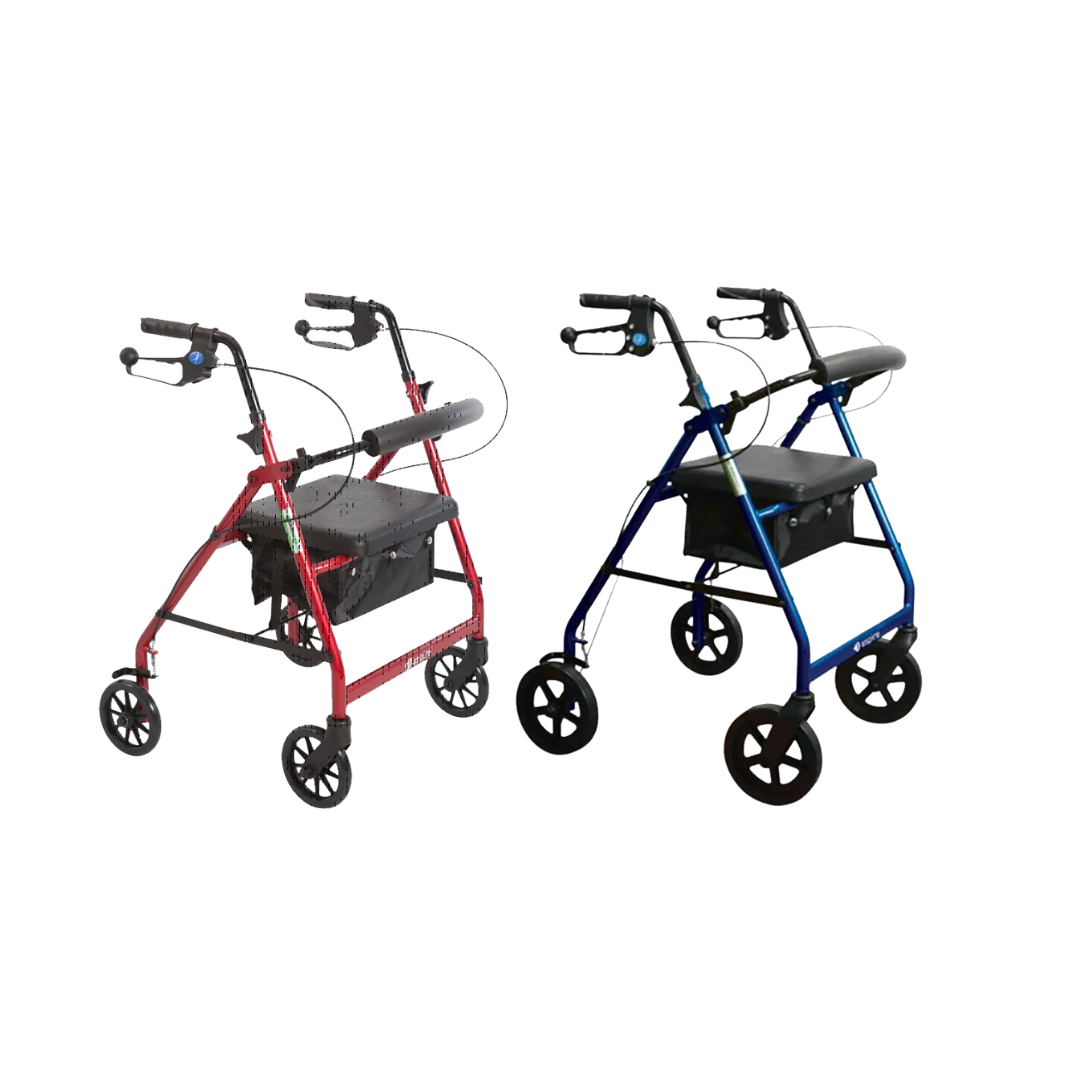 Aspire Mini Seat Walker with 6-inch wheels, compact lightweight frame, padded seat and handles for safe, portable mobility support