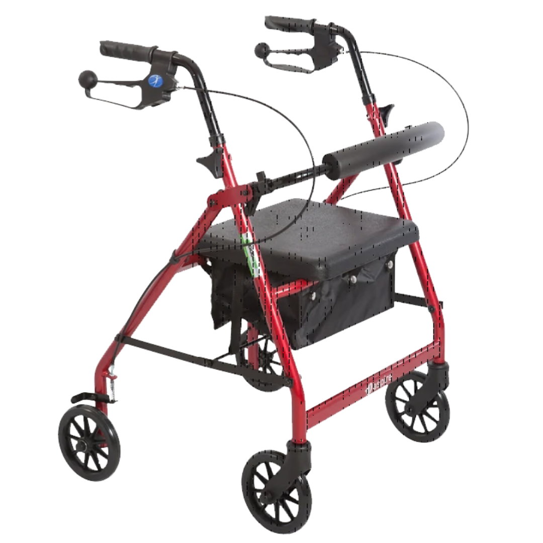 Aspire Mini Seat Walker with 6" wheels, available in red and blue, compact foldable frame with padded seat.