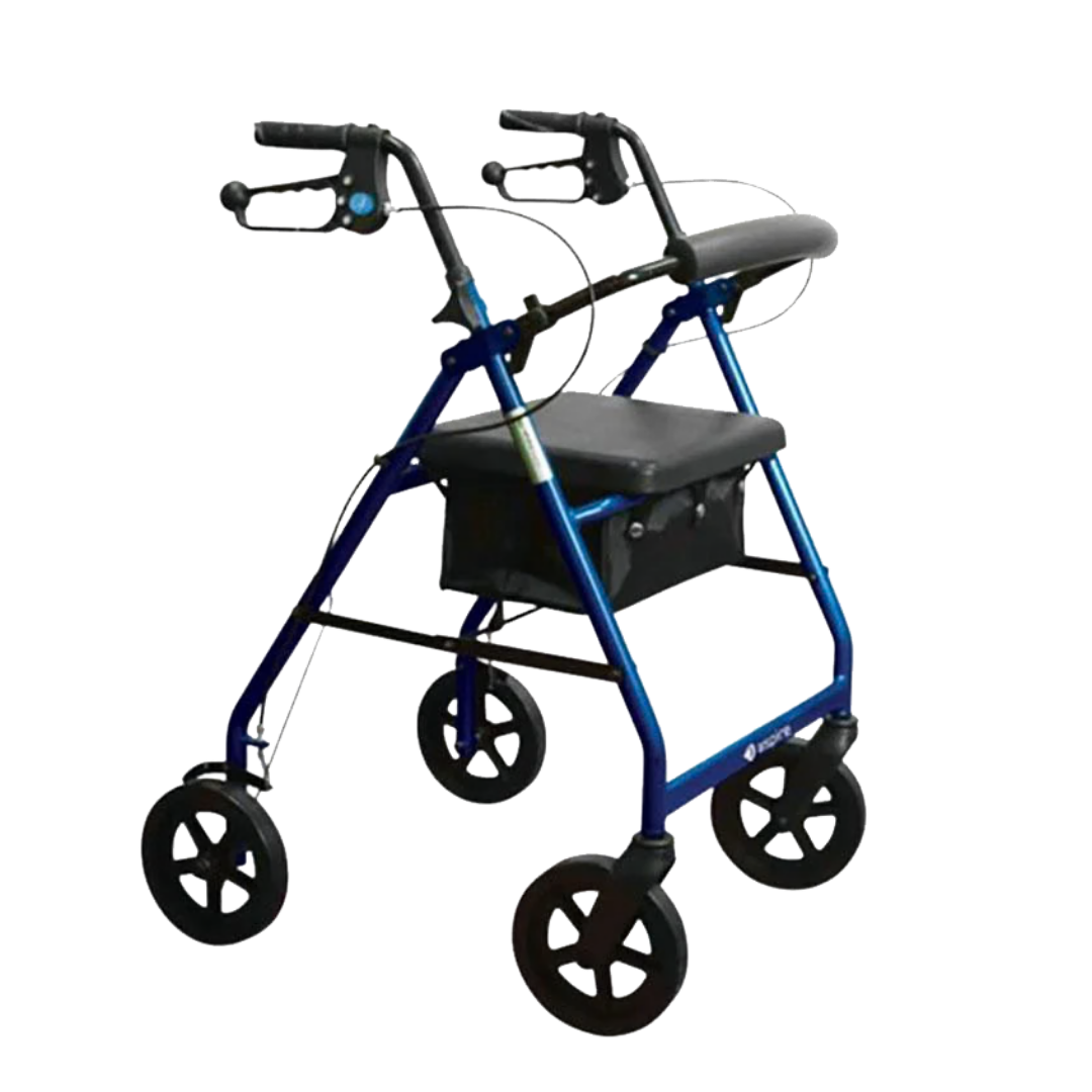 Aspire Mini Seat Walker with 6" wheels, available in red and blue, compact foldable frame with padded seat.