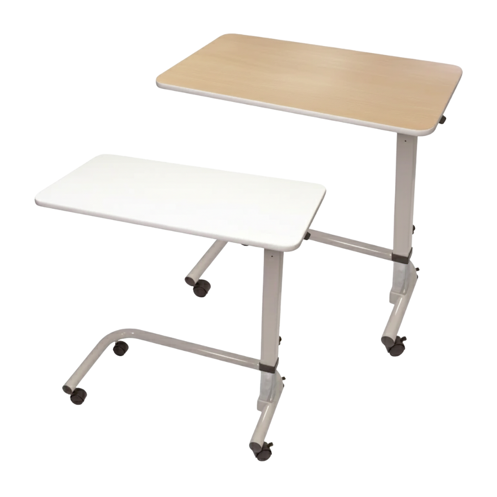 Two adjustable height tables on wheels with one white and one beige top, on a white background.