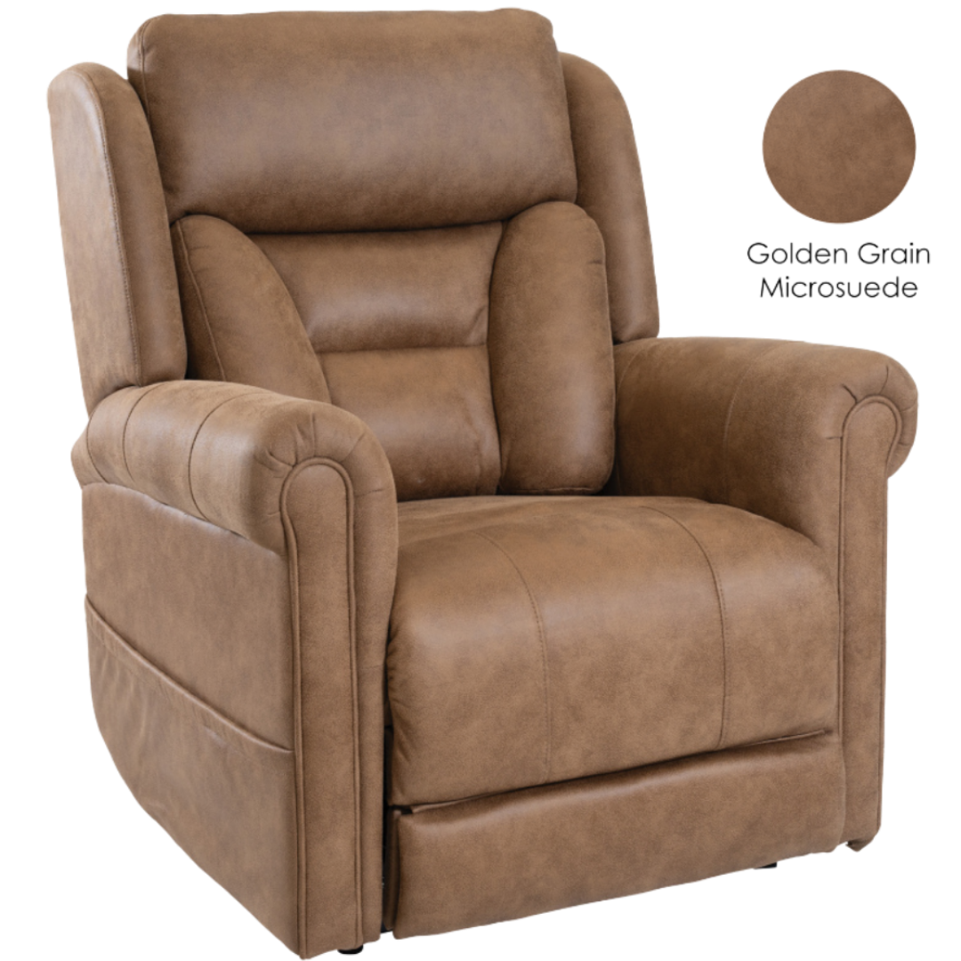 Aspire Raphael Quattro Powerlift Recline Chair available in Petite, Small, Medium, Large, and Maxi sizes with Golden Grain, Marina Grey, and Nordic Stone Vinyl finishes.
