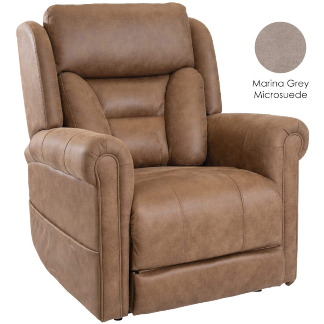Aspire Raphael Quattro Powerlift Recline Chair available in Petite, Small, Medium, Large, and Maxi sizes with Golden Grain, Marina Grey, and Nordic Stone Vinyl finishes.