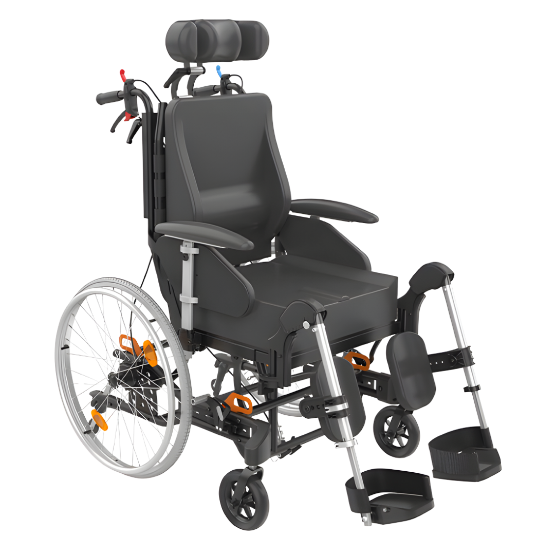 Aspire Rehab RX2 tilt-in-space wheelchair with adjustable seat widths from 410–560mm, designed for adults needing customised posture support and pressure relief.