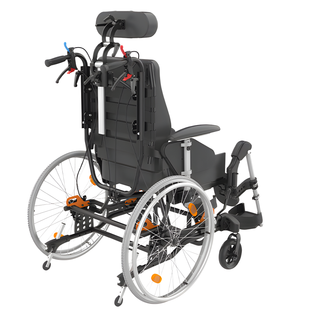 Aspire Rehab RX2 tilt-in-space wheelchair with adjustable seat widths from 410–560mm, designed for adults needing customised posture support and pressure relief.