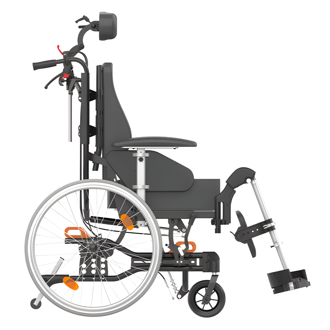 Aspire Rehab RX2 tilt-in-space wheelchair with adjustable seat widths from 410–560mm, designed for adults needing customised posture support and pressure relief.