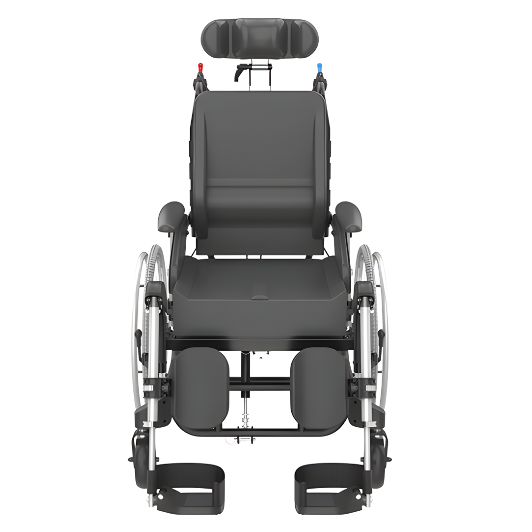 Aspire Rehab RX2 tilt-in-space wheelchair with adjustable seat widths from 410–560mm, designed for adults needing customised posture support and pressure relief.
