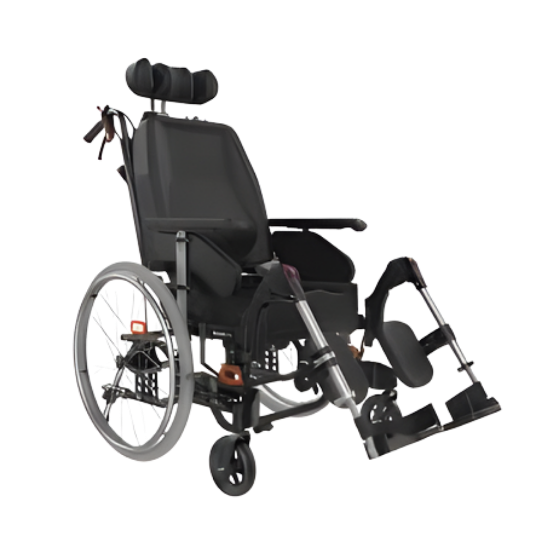 Aspire Rehab RX tilt-in-space wheelchair with adjustable 410–460mm and 460–510mm seat widths designed for adults needing posture support and pressure relief.
