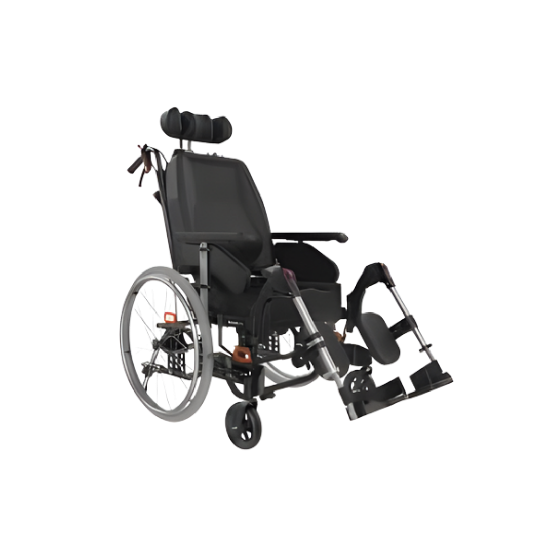 Aspire Rehab RX tilt-in-space wheelchair with adjustable 410–460mm and 460–510mm seat widths designed for adults needing posture support and pressure relief.