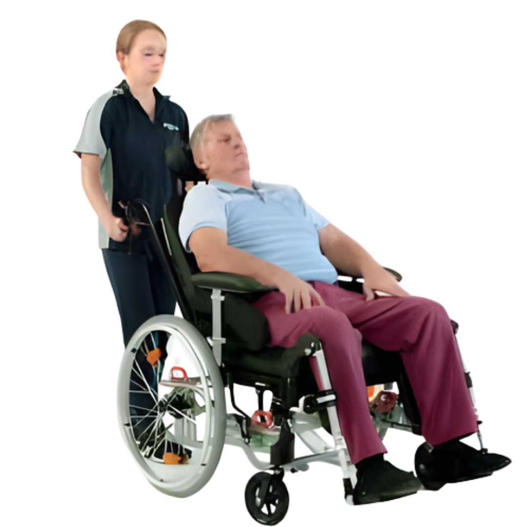 Aspire Rehab RX tilt-in-space wheelchair with adjustable 410–460mm and 460–510mm seat widths designed for adults needing posture support and pressure relief.