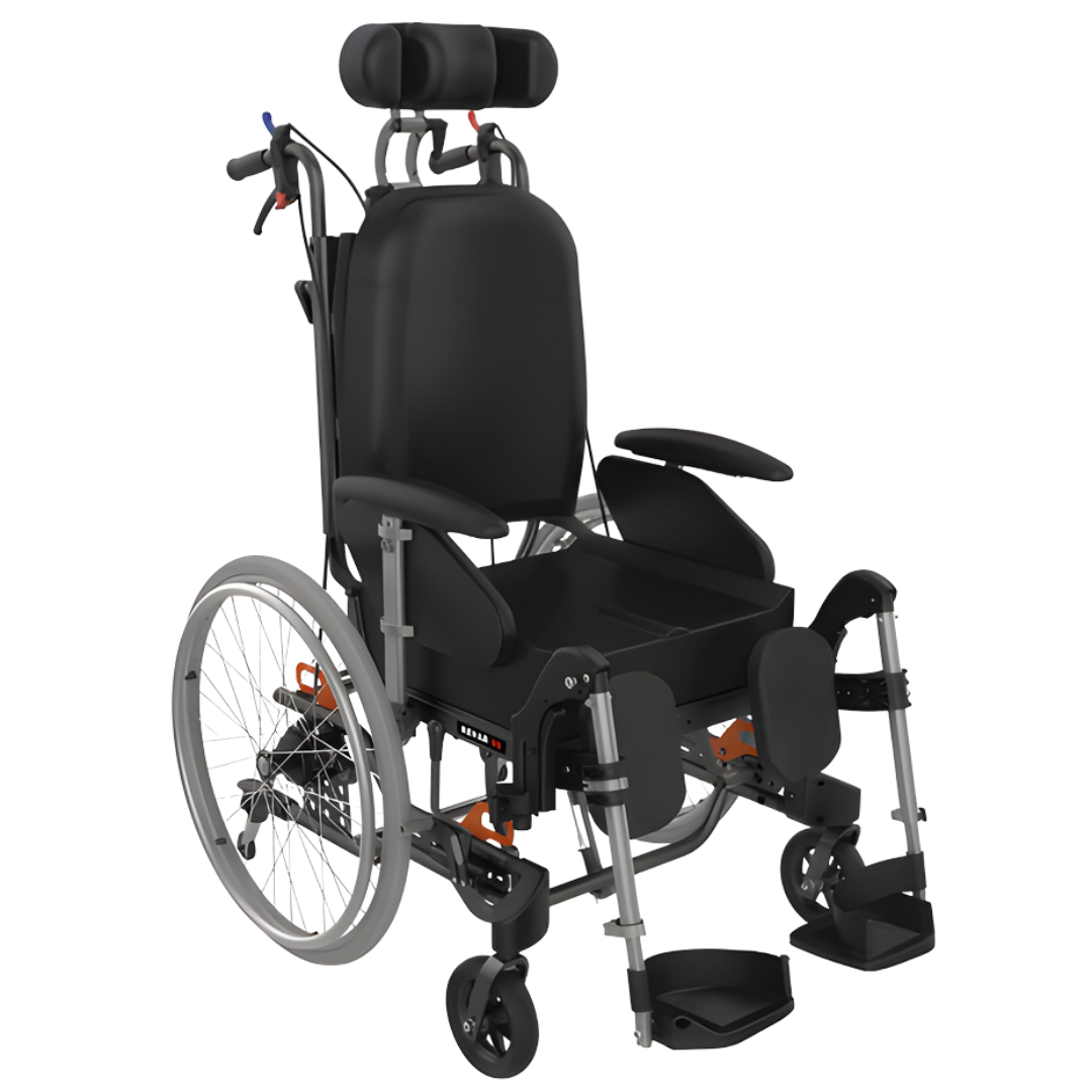 Aspire Rehab RX tilt-in-space wheelchair with adjustable 410–460mm and 460–510mm seat widths, designed for adults needing customised posture and pressure support.