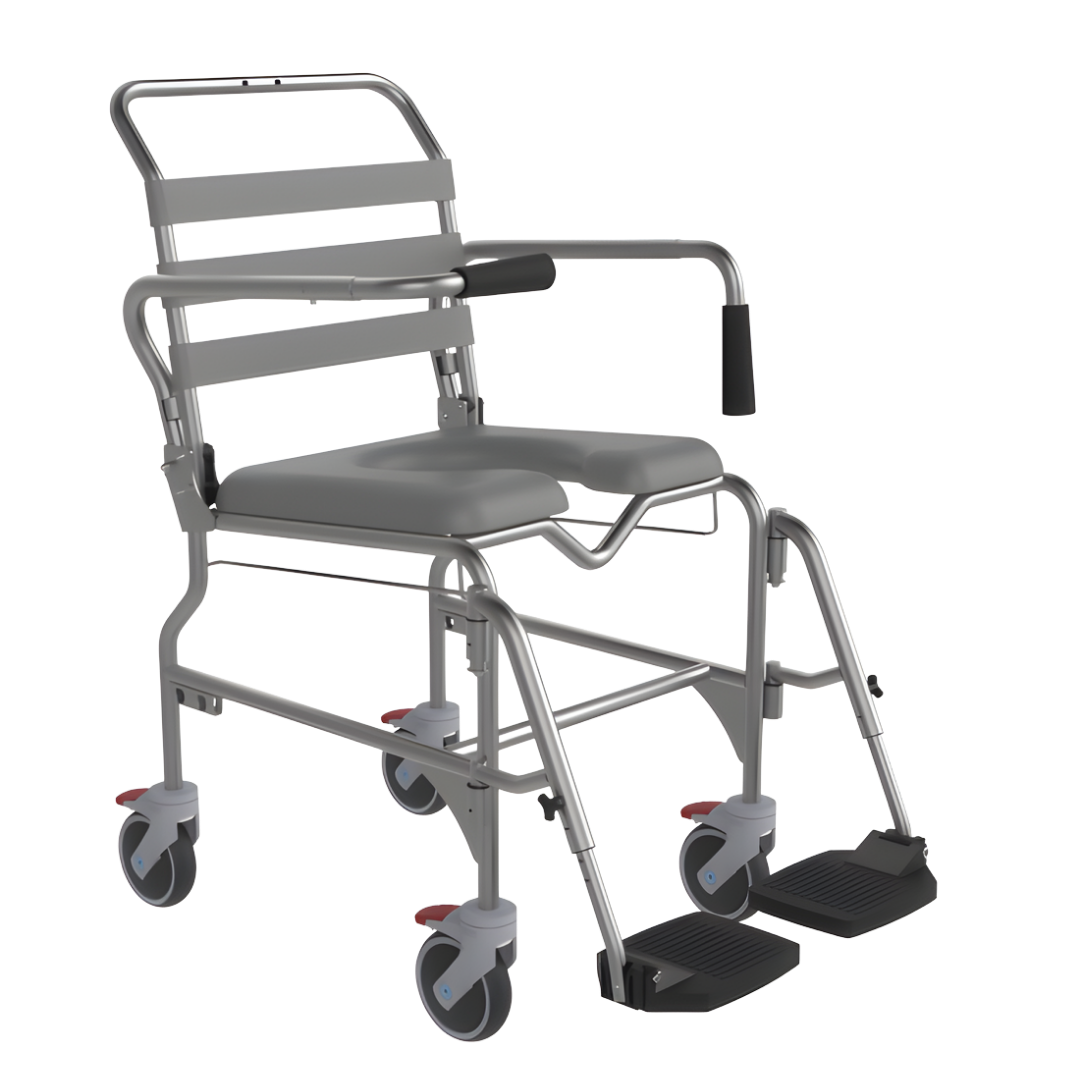 Aspire Shower Commode Sliding Footplate Self Propelled 440mm variant provides safe, adjustable foot support for showering and toileting comfort.