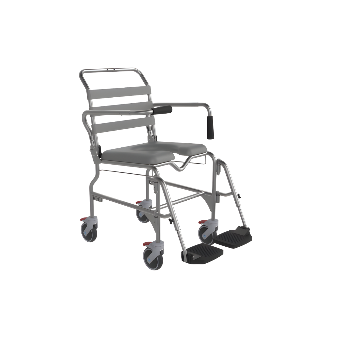 Aspire Shower Commode Sliding Footplate Self Propelled 440mm variant provides safe, adjustable foot support for showering and toileting comfort.