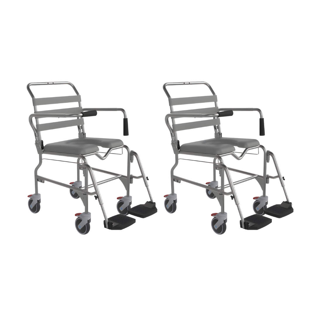 Aspire Shower Commode Sliding Footplate Self Propelled 440mm variant provides safe, adjustable foot support for showering and toileting comfort.