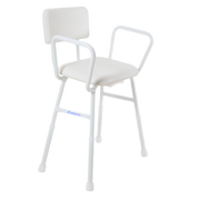 Aspire Shower Stool with padded seat and back, treated steel frame, 175kg safe working load, 31cm seat depth, 37.5cm width, 47–66.5cm height range.