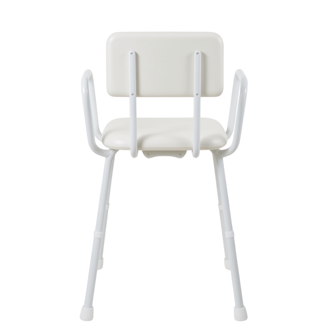 Aspire Shower Stool with padded seat and back, treated steel frame, 175kg safe working load, 31cm seat depth, 37.5cm width, 47–66.5cm height range.