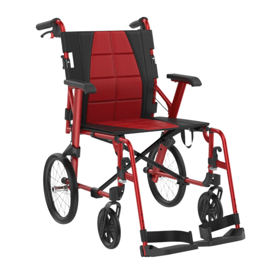 Aspire Socialite Wheelchair Ultra lightweight design with 115kg capacity, available in self-propelled and attendant propelled models in Silver and Red.