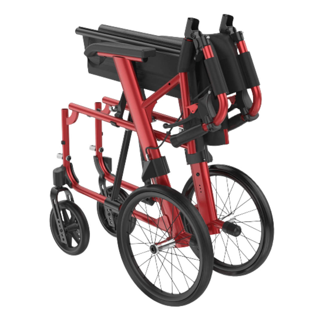 Aspire Socialite Wheelchair Ultra lightweight design with 115kg capacity, available in self-propelled and attendant propelled models in Silver and Red.