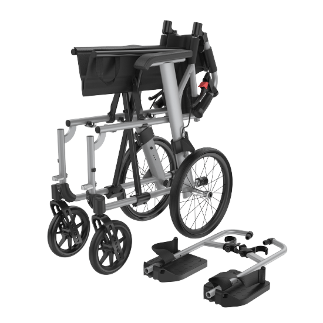 Aspire Socialite Wheelchair Ultra lightweight design with 115kg capacity, available in self-propelled and attendant propelled models in Silver and Red.