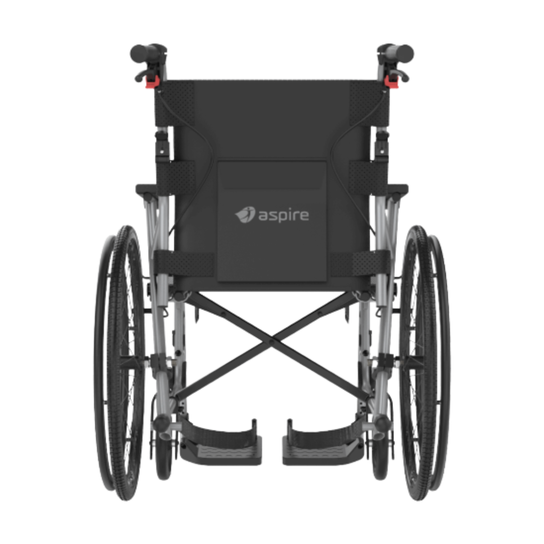 Aspire Socialite Wheelchair Ultra lightweight design with 115kg capacity, available in self-propelled and attendant propelled models in Silver and Red.
