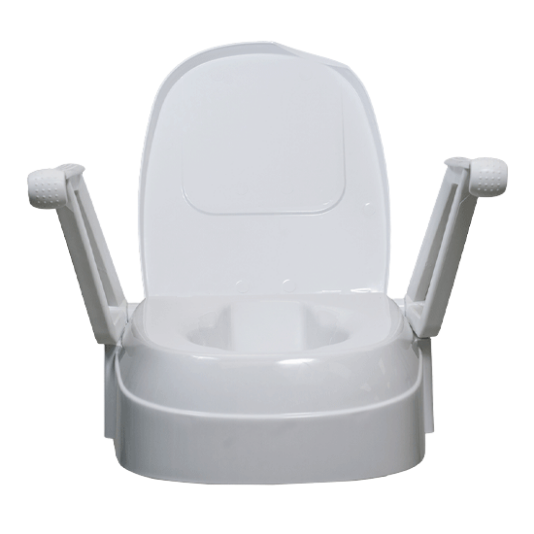 Aspire Raised Toilet Seat with swing back arms, textured grips, height adjustable, moulded plastic lid, safe 136 kg load for bathroom support.