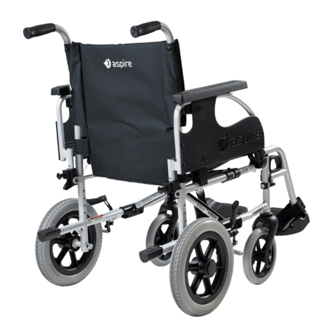 Aspire Transit 3 Folding Ward Wheelchair with black vinyl upholstery, swing-away footrests, and steel frame – ideal for clinical environments.