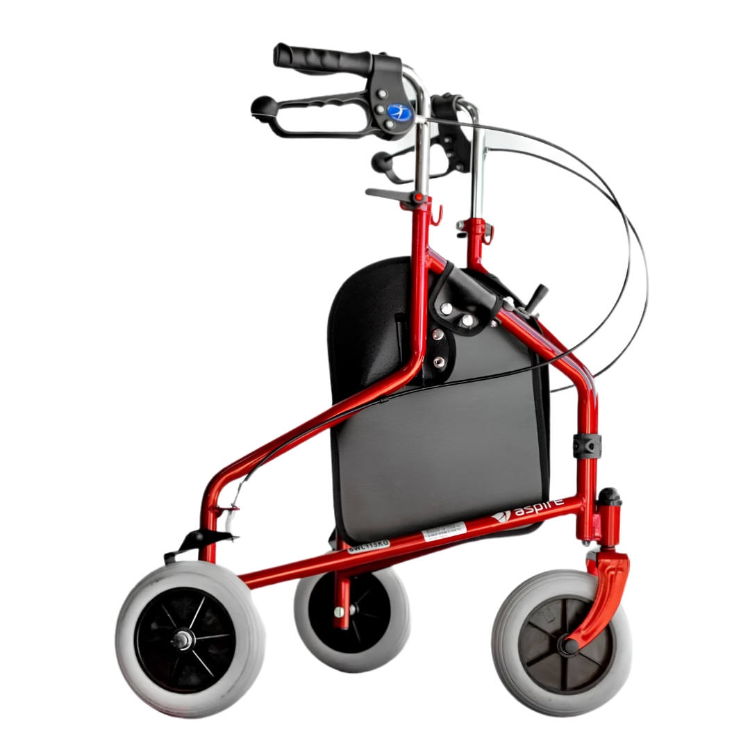 Aspire Tri Wheel Walker, lightweight three‑wheel design with 115kg safe working load, 71.5cm width, 82.5–92.5cm height, compact mobility support.