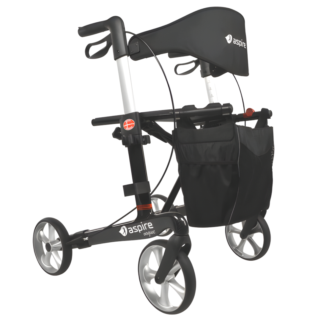 Lightweight carbon fibre rollator with seat, ergonomic handles, and smooth wheels, designed for stable, comfortable mobility in Sapphire Blue, Black, or Emerald.