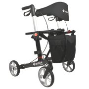Lightweight carbon fibre rollator with seat, ergonomic handles, and smooth wheels, designed for stable, comfortable mobility in Sapphire Blue, Black, or Emerald.