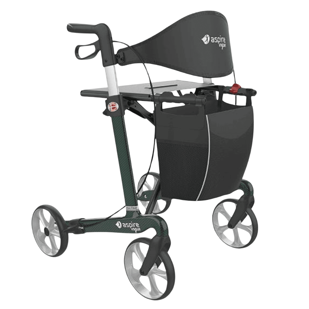 Lightweight carbon fibre rollator with seat, ergonomic handles, and smooth wheels, designed for stable, comfortable mobility in Sapphire Blue, Black, or Emerald.