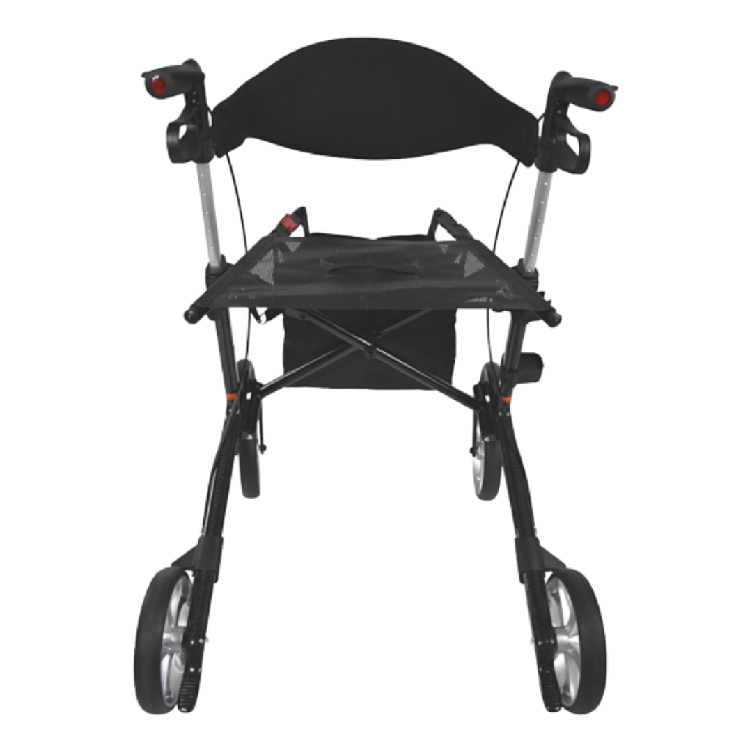 Lightweight carbon fibre rollator with seat, ergonomic handles, and smooth wheels, designed for stable, comfortable mobility in Sapphire Blue, Black, or Emerald.