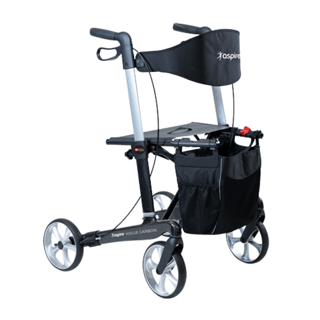 Aspire Vogue Carbon Fibre Seat Walker/Rollator in medium black, lightweight design with adjustable height, padded seat, and strong 150kg weight capacity.