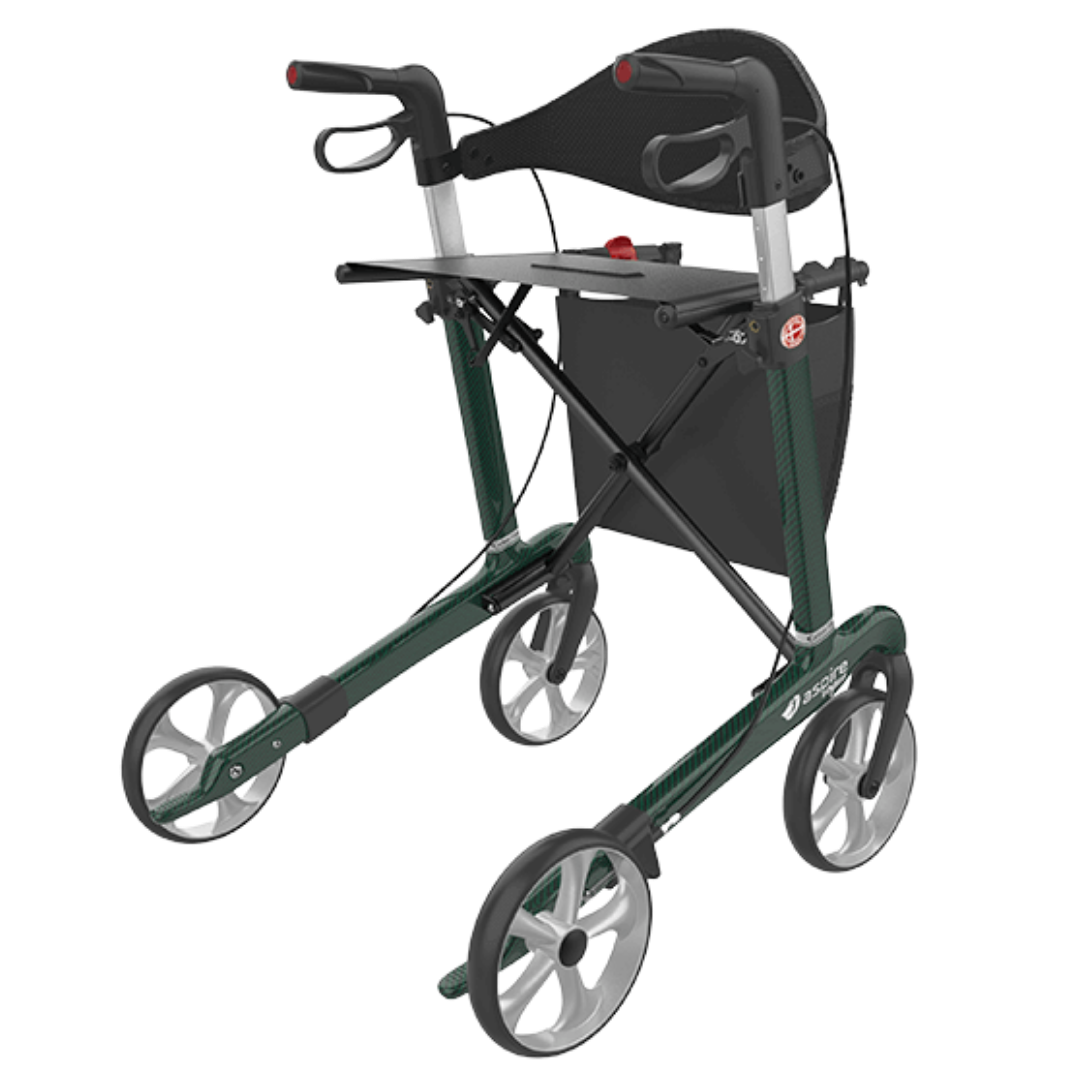 Aspire Vogue Carbon Fibre Seat Walker/Rollator in medium black, lightweight design with adjustable height, padded seat, and strong 150kg weight capacity.