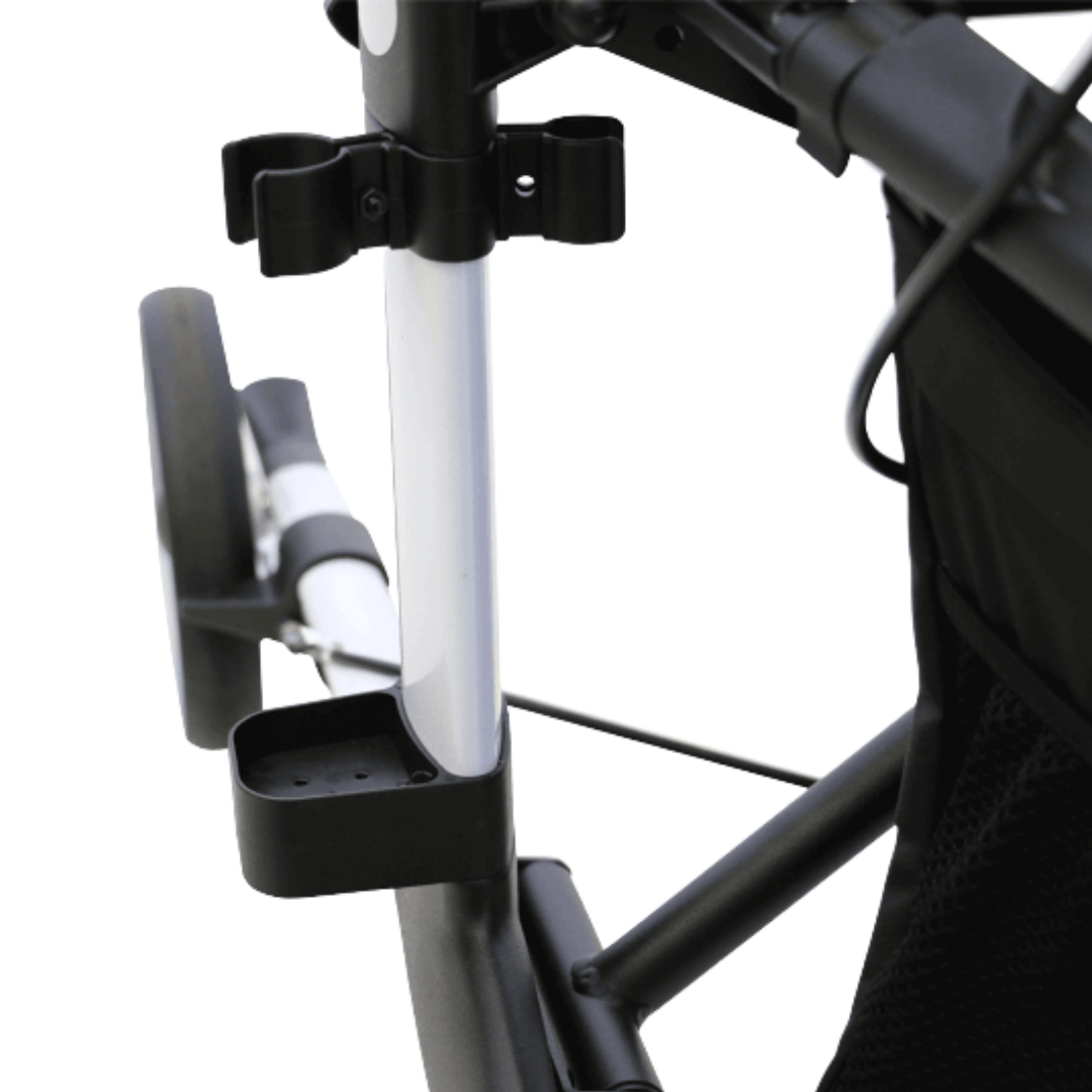 Aspire Vogue Carbon Fibre Seat Walker/Rollator in medium black, lightweight design with adjustable height, padded seat, and strong 150kg weight capacity.
