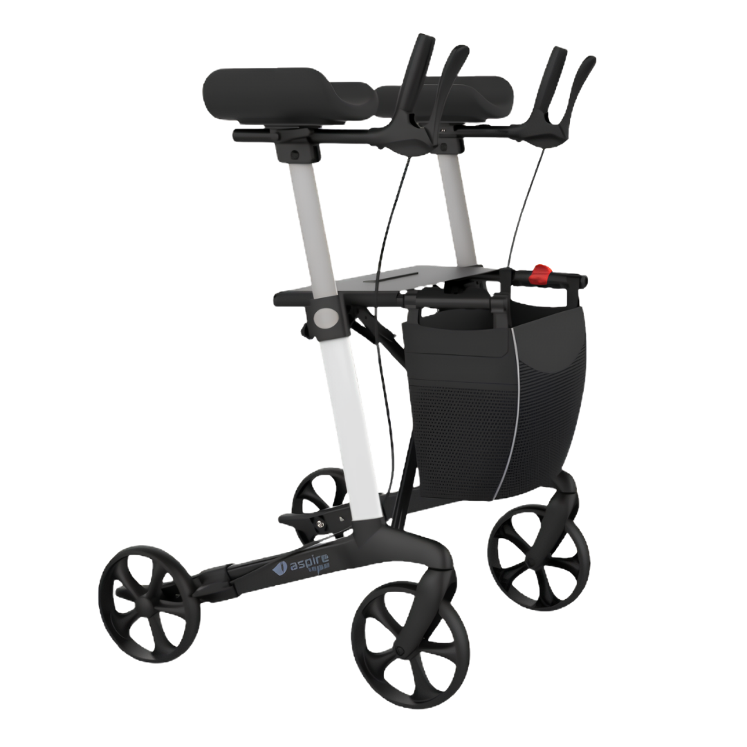 Aspire Vogue Forearm Seat Walker/Rollator, ergonomic forearm supports, lightweight frame, 150kg safe working load, adjustable height for stable mobility.