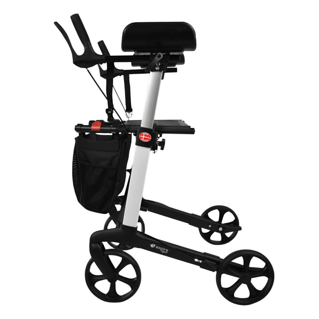 Aspire Vogue Forearm Seat Walker/Rollator, ergonomic forearm supports, lightweight frame, 150kg safe working load, adjustable height for stable mobility.
