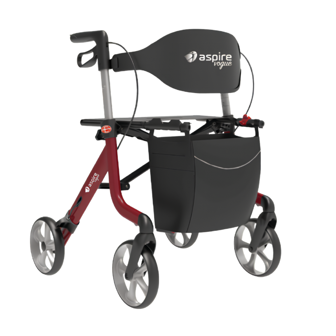 Aspire Vogue lightweight aluminium seat walker, red finish, dual‑seat design, stable frame, ergonomic handles, supports safe mobility and daily independence.