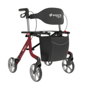 Aspire Vogue lightweight aluminium seat walker, red finish, dual‑seat design, stable frame, ergonomic handles, supports safe mobility and daily independence.