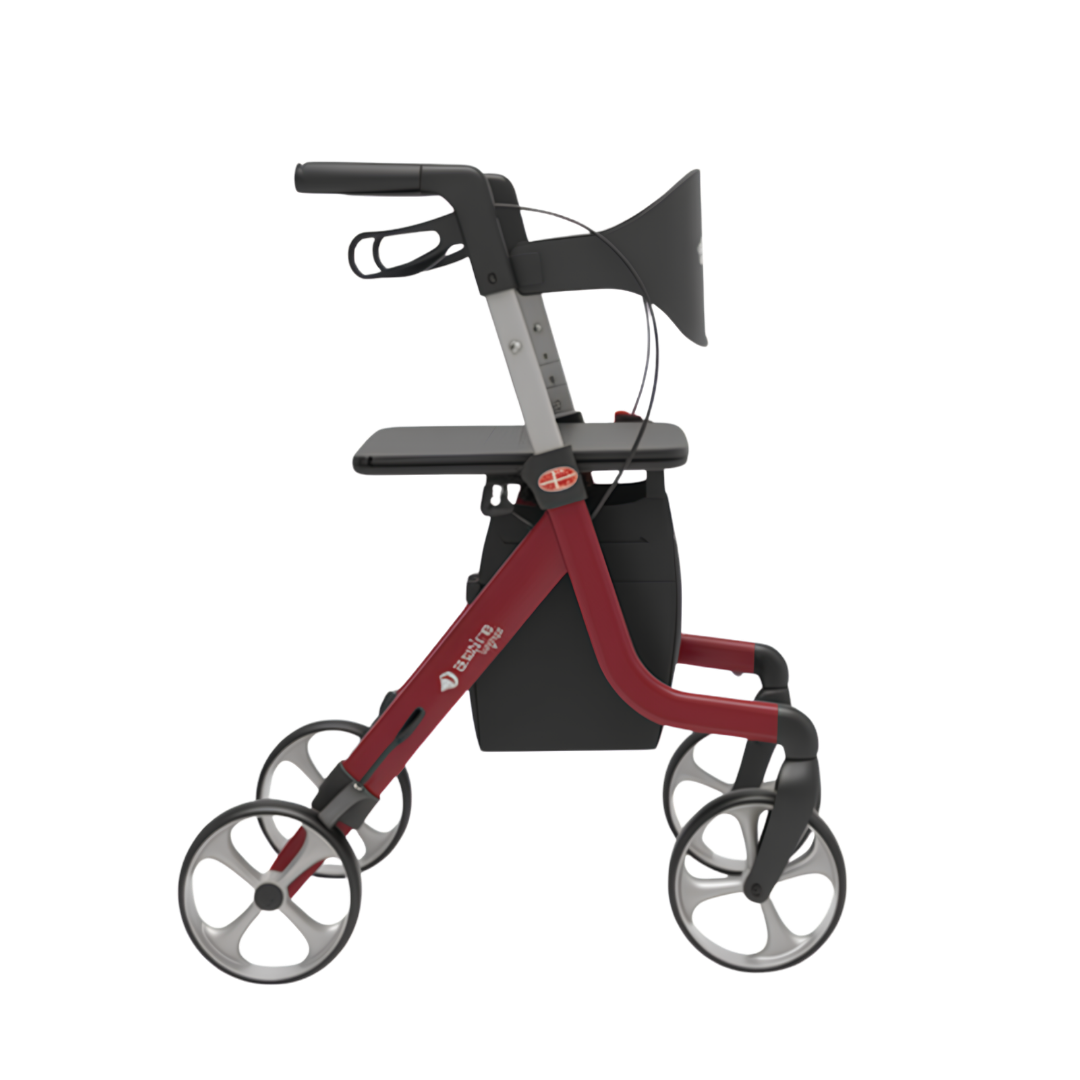 Aspire Vogue lightweight aluminium seat walker, red finish, dual‑seat design, stable frame, ergonomic handles, supports safe mobility and daily independence.