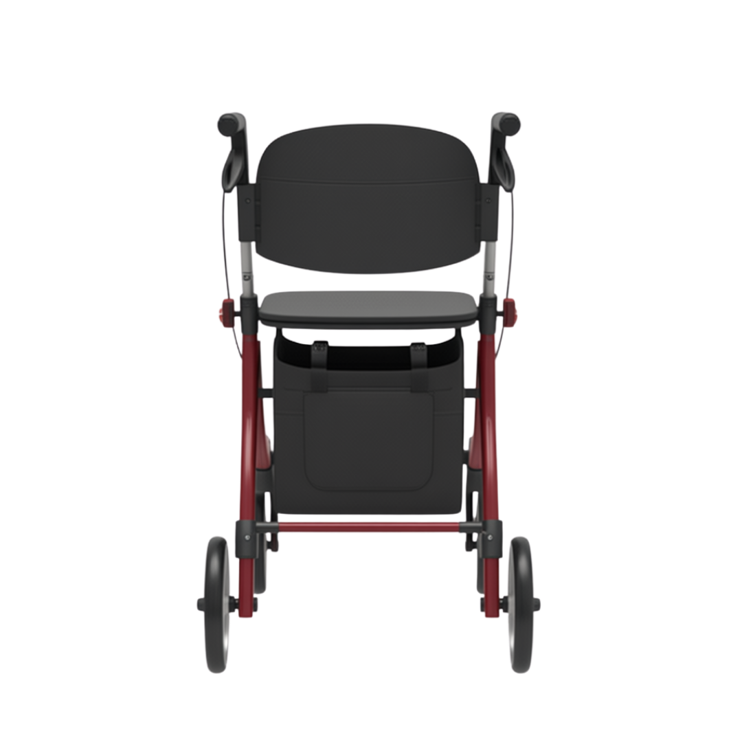 Aspire Vogue lightweight aluminium seat walker, red finish, dual‑seat design, stable frame, ergonomic handles, supports safe mobility and daily independence.