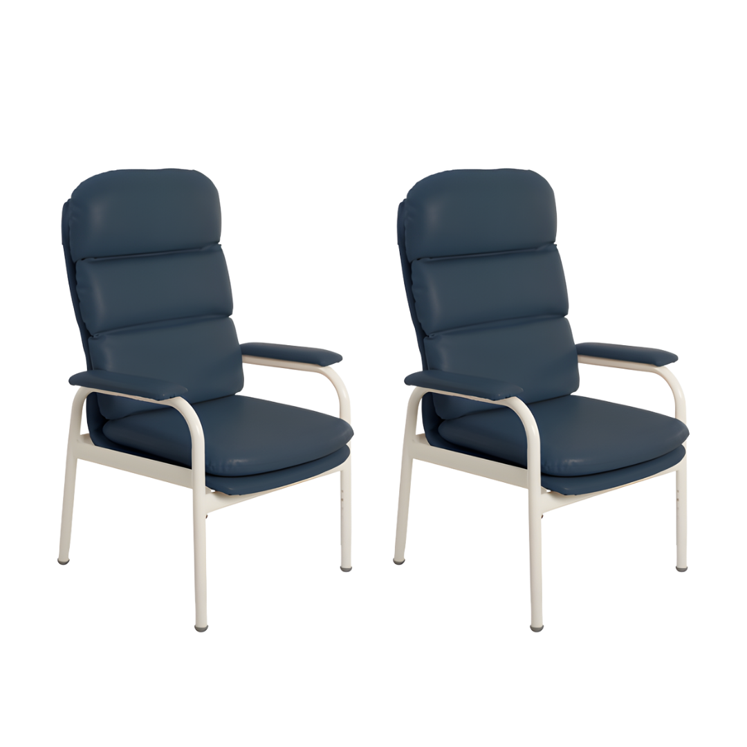 Aspire Waterfall Day Chair available in Ink Vinyl, Mocha Fabric, Oatmeal Fabric, and Latte Vinyl, designed for supportive comfort in aged care and home use.