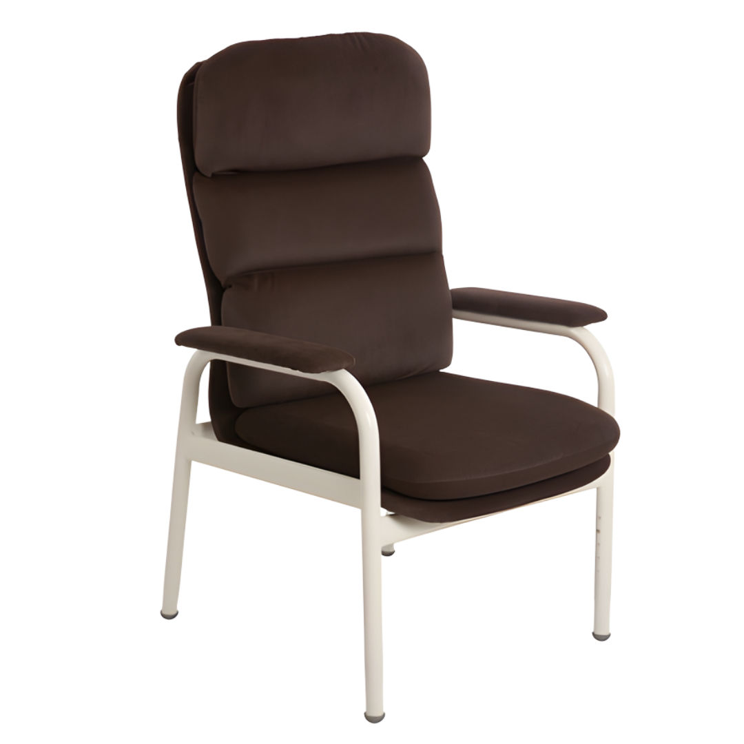 Aspire Waterfall Day Chair in Ink Vinyl, Mocha Fabric, Oatmeal Fabric, and Latte Vinyl, offering supportive seating and comfort for aged care and home use.