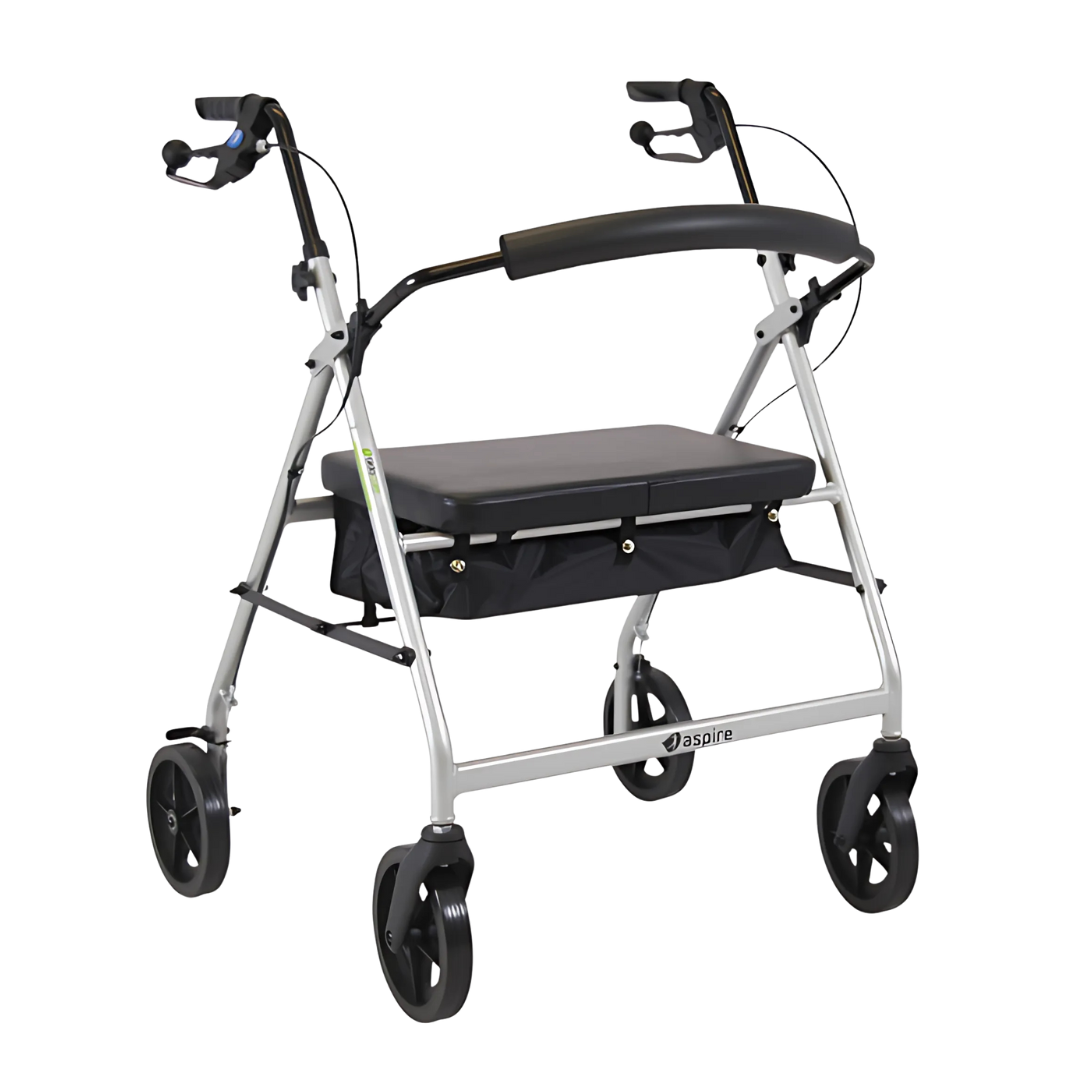 Heavy‑duty Aspire XL Seat Walker in silver, bariatric design with 180kg safe working load, 49.5cm seat width, 85–98.2cm adjustable height.