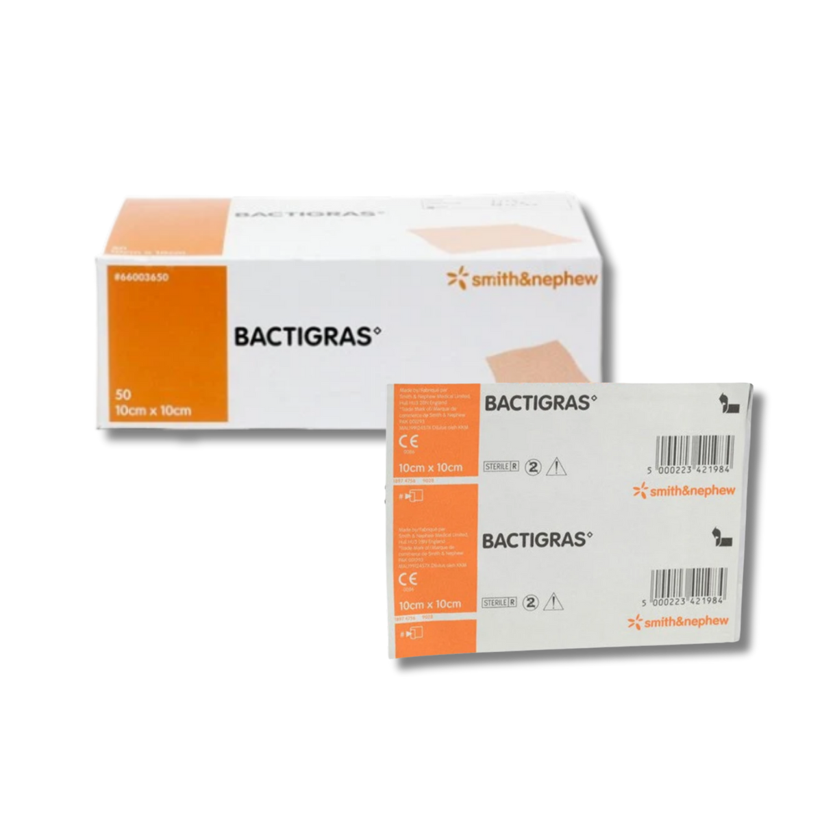Product packaging for a 50-pack box of Smith & Nephew Bactigras Antiseptic Gauze Dressings (10x10cm), displaying an orange and white box alongside an individually wrapped sterile foil packets, on a transparent background.