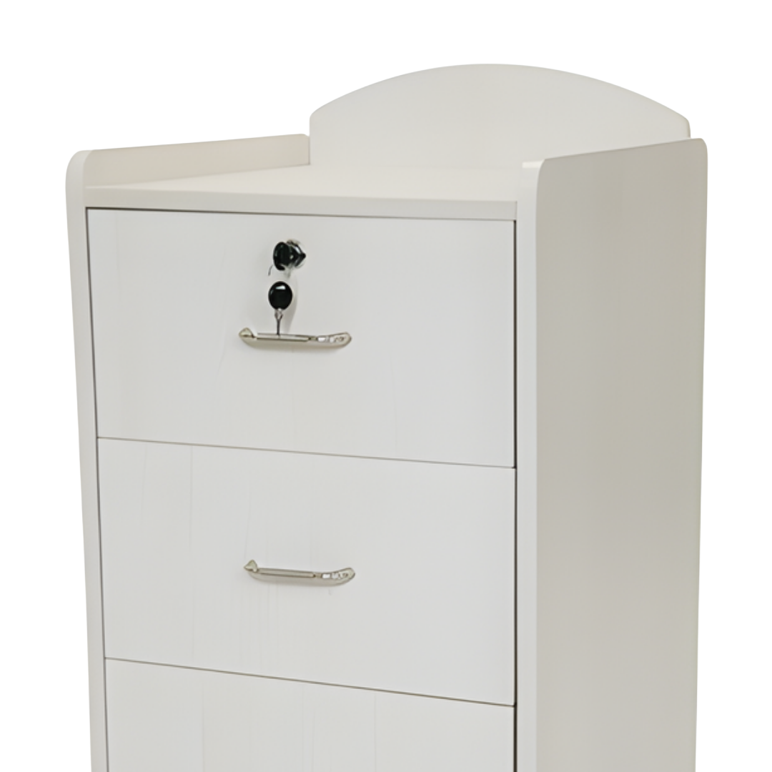 Beech woodgrain bedside cabinet with single-lock drawer and castor wheels, designed for secure, mobile, and hygienic storage in healthcare and aged care settings.
