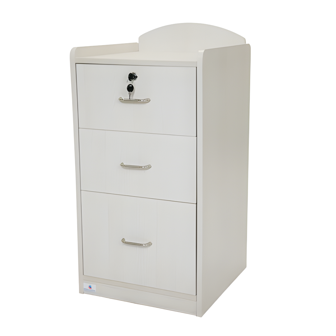 Beech woodgrain bedside cabinet with single-lock drawer and castor wheels, designed for secure, mobile, and hygienic storage in healthcare and aged care settings.