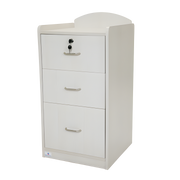 Beech woodgrain bedside cabinet with single-lock drawer and castor wheels, designed for secure, mobile, and hygienic storage in healthcare and aged care settings.