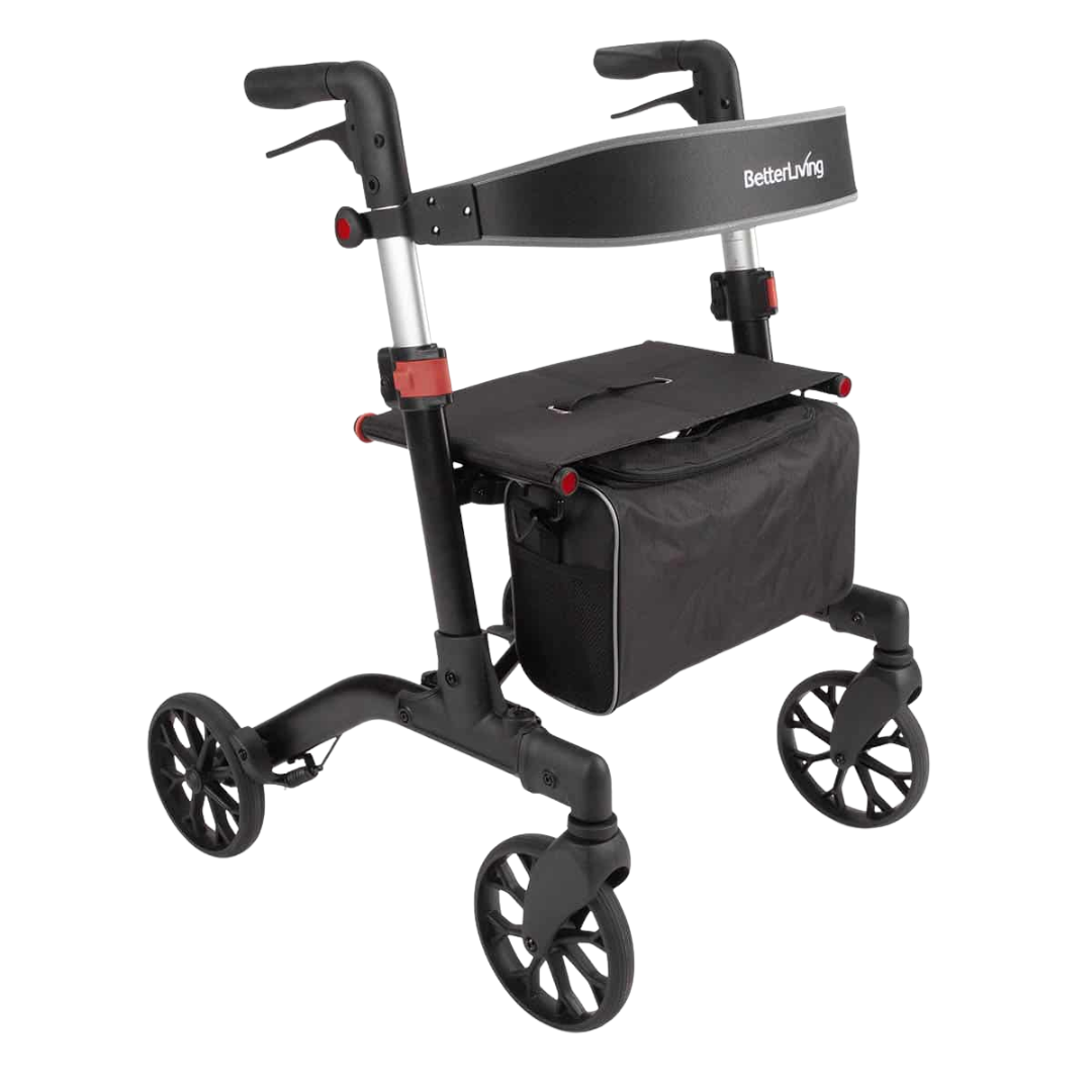 Black rollator with seat and armrests on a white background
